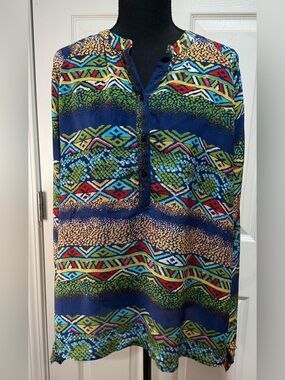 Tolani Multicolor Geometric & Striped Print Tunic  sz XL 100% Silk